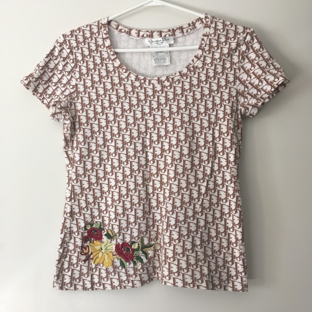 Genuine Vintage CHRISTIAN DIOR Trotter Logo Embroidered Flowers Cotton Tee 8